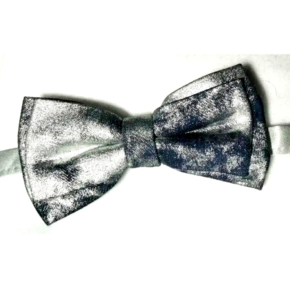 NEW Handmade Denim & Metallic Silver Bowtie. Pre-tied. Adjustable 3"x4". Casual